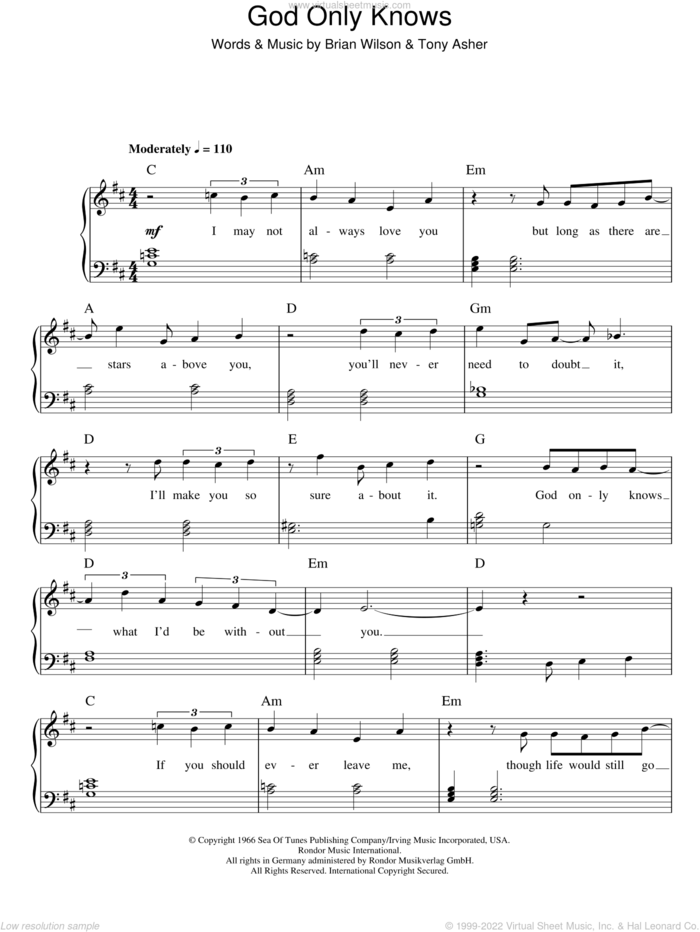 God Only Knows sheet music for piano solo by The Beach Boys, Brian Wilson and Tony Asher, easy skill level
