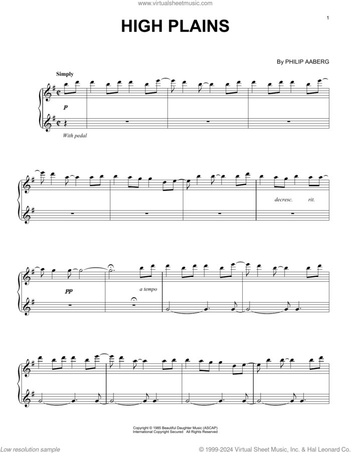 High Plains sheet music for piano solo by Philip Aaberg, intermediate skill level