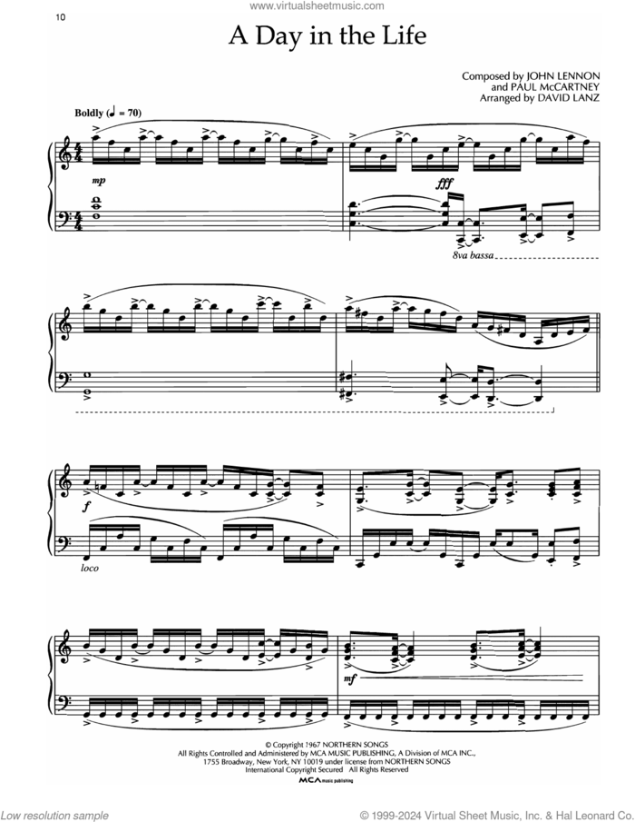 A Day In The Life (arr. David Lanz) sheet music for piano solo by The Beatles, David Lanz, John Lennon and Paul McCartney, intermediate skill level