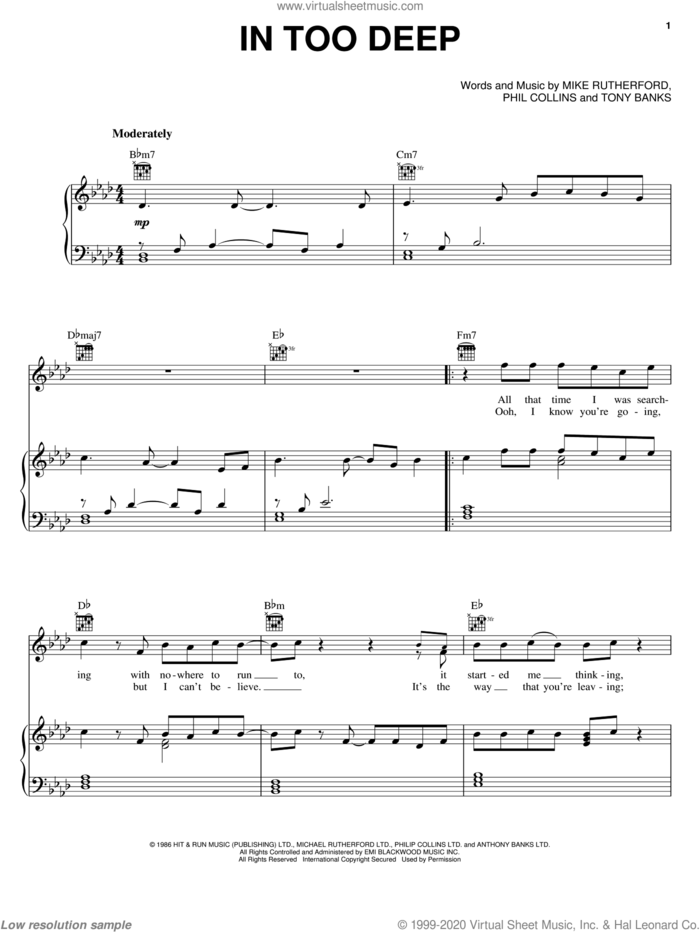In Too Deep sheet music for voice, piano or guitar by Genesis, Mike Rutherford, Phil Collins and Tony Banks, intermediate skill level