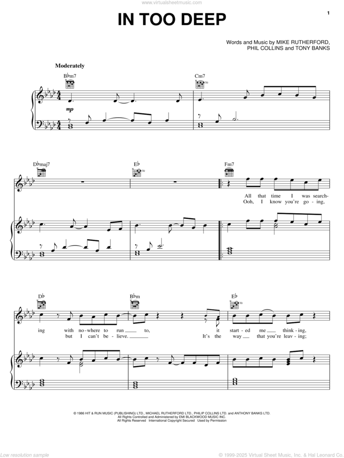 In Too Deep sheet music for voice, piano or guitar by Genesis, Mike Rutherford, Phil Collins and Tony Banks, intermediate skill level