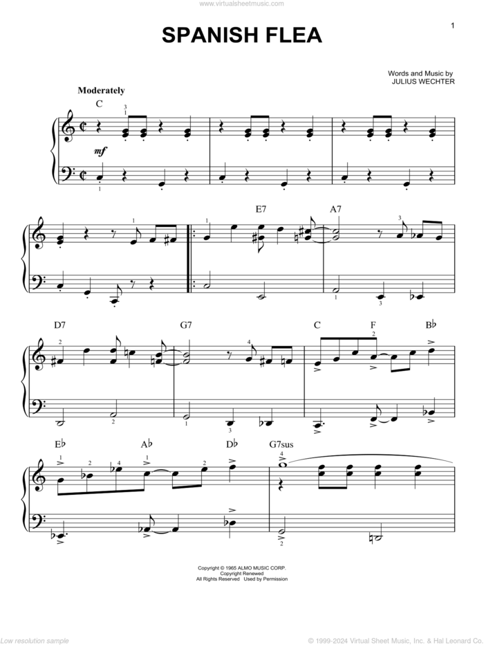 Spanish Flea sheet music for piano solo by Herb Alpert & The Tijuana Brass, Herb Alpert and Julius Wechter, easy skill level