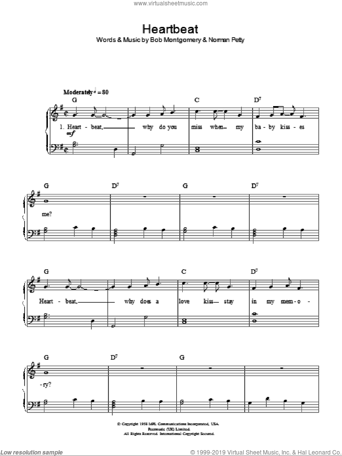 Heartbeat, (easy) sheet music for piano solo by Buddy Holly, Bob Montgomery and Norman Petty, easy skill level