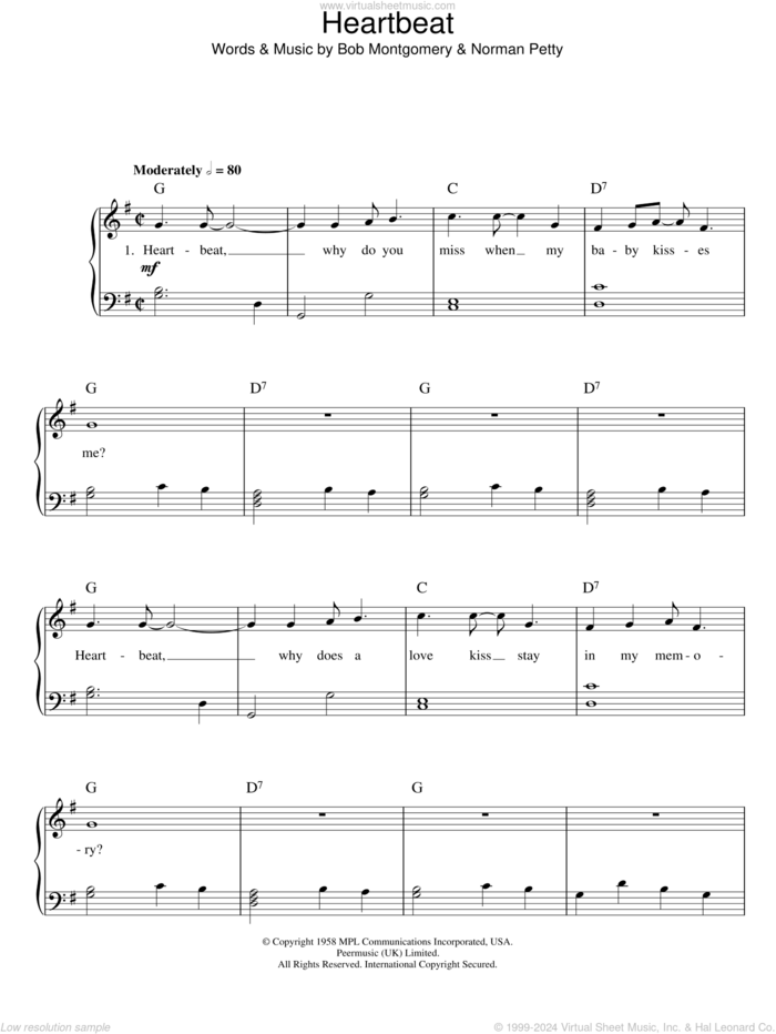 Heartbeat, (easy) sheet music for piano solo by Buddy Holly, Bob Montgomery and Norman Petty, easy skill level