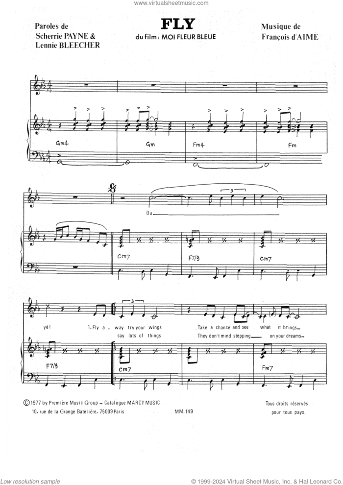 Fly sheet music for voice and piano by François d'Aime, Lennie Bleecher and Scherrie Payne, classical score, intermediate skill level