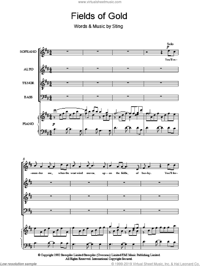 Fields Of Gold sheet music for choir (SATB: soprano, alto, tenor, bass) by Sting, intermediate skill level