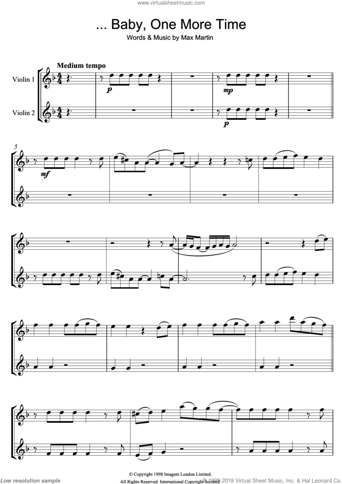 ...Baby One More Time sheet music for two violins (duets, violin duets) by Britney Spears and Max Martin, intermediate skill level