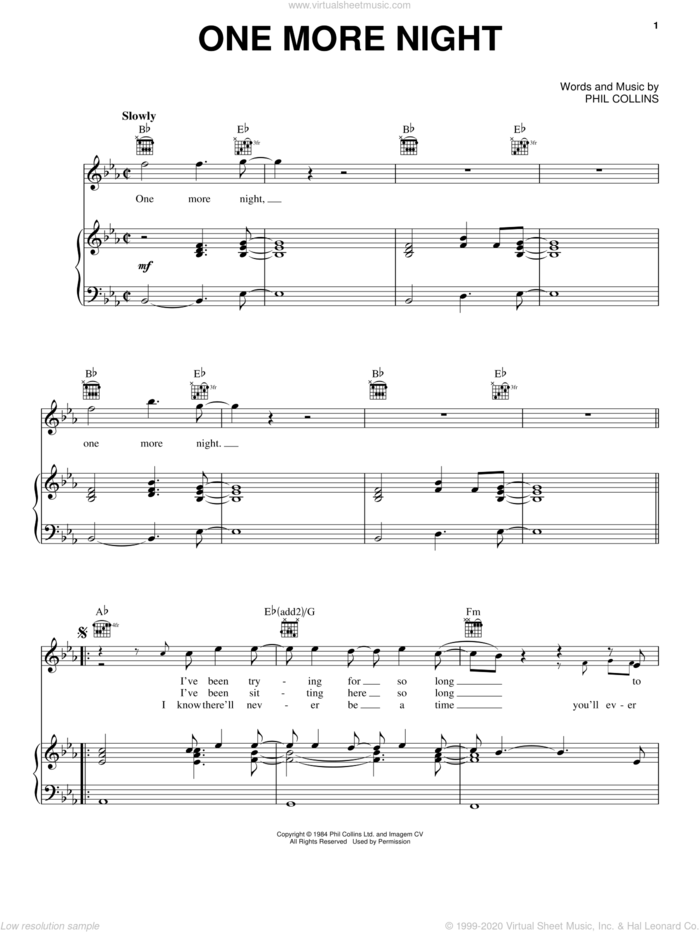 One More Night sheet music for voice, piano or guitar by Phil Collins, intermediate skill level