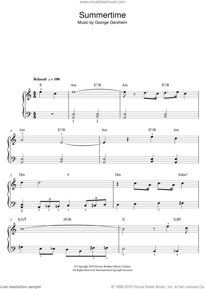 Summertime sheet music for piano solo by George Gershwin, easy skill level