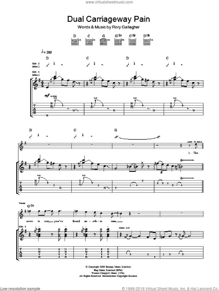 Dual Carriage Way Pain sheet music for guitar (tablature) by Taste and Rory Gallagher, intermediate skill level