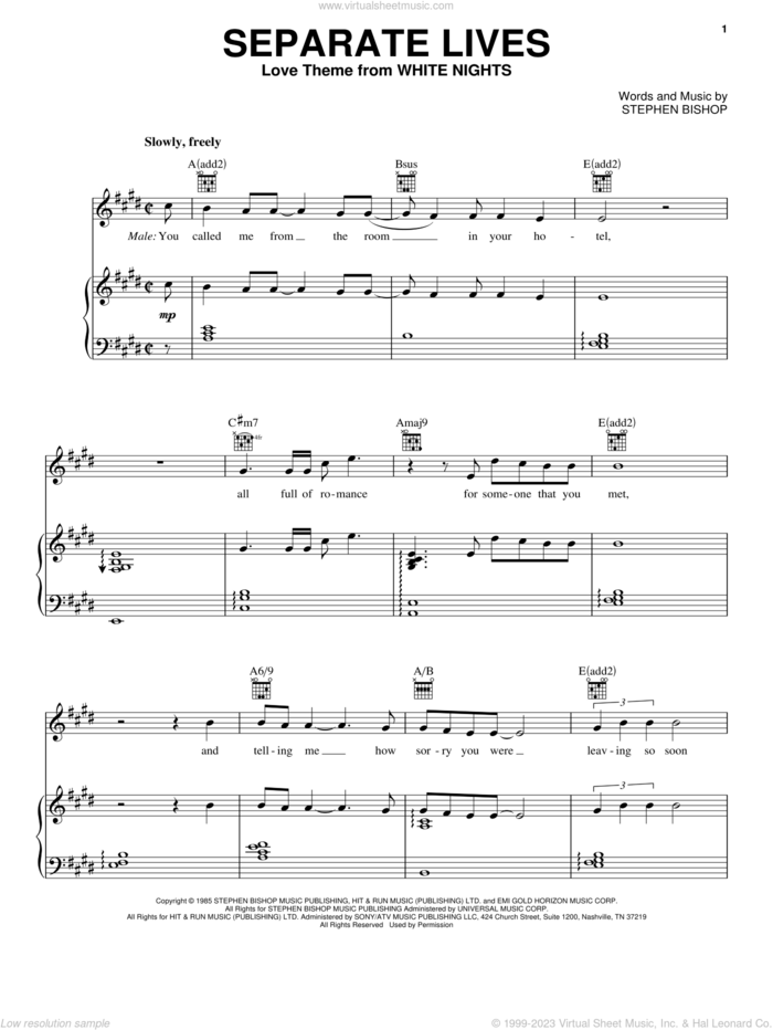 Separate Lives sheet music for voice, piano or guitar by Phil Collins, Marilyn Martin and Stephen Bishop, intermediate skill level