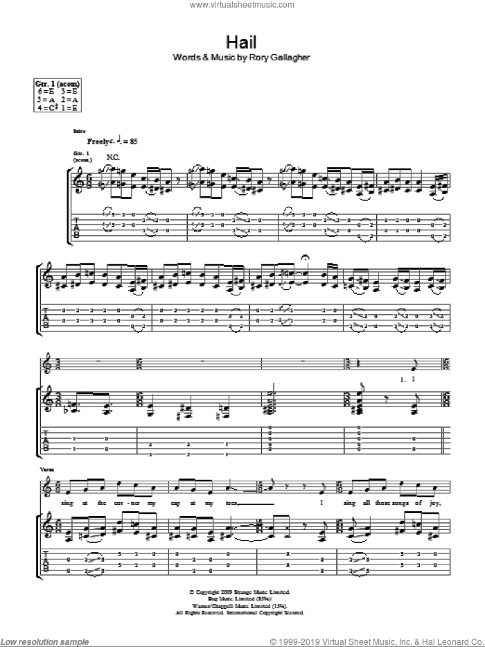 Hail sheet music for guitar (tablature) by Taste and Rory Gallagher, intermediate skill level