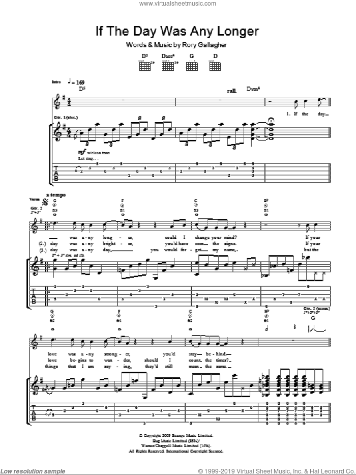 If The Day Was Any Longer sheet music for guitar (tablature) by Taste and Rory Gallagher, intermediate skill level