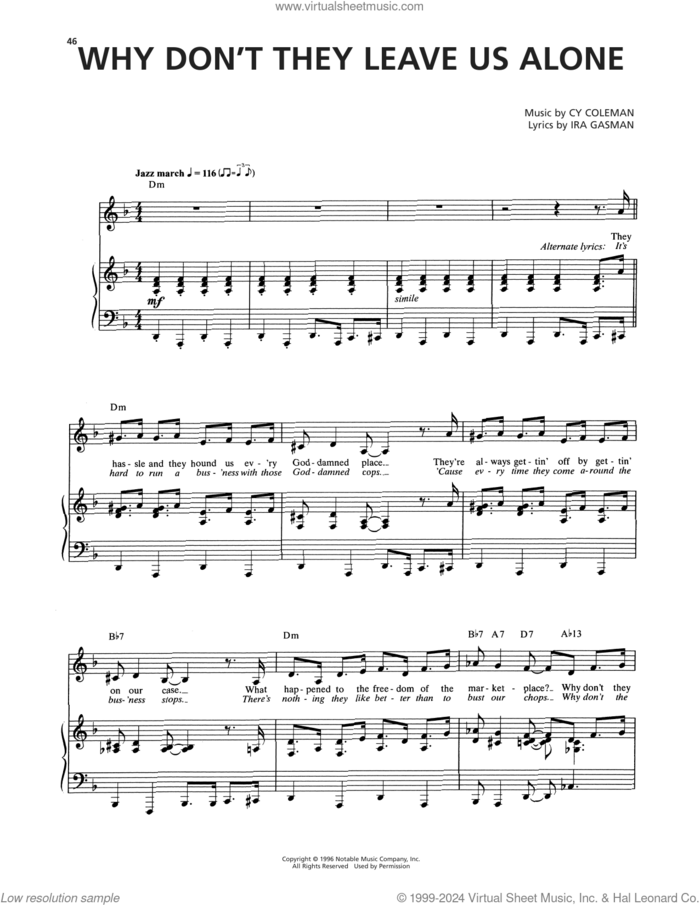 Why Don't They Leave Us Alone (from The Life) sheet music for voice and piano by Cy Coleman and Ira Gasman, intermediate skill level