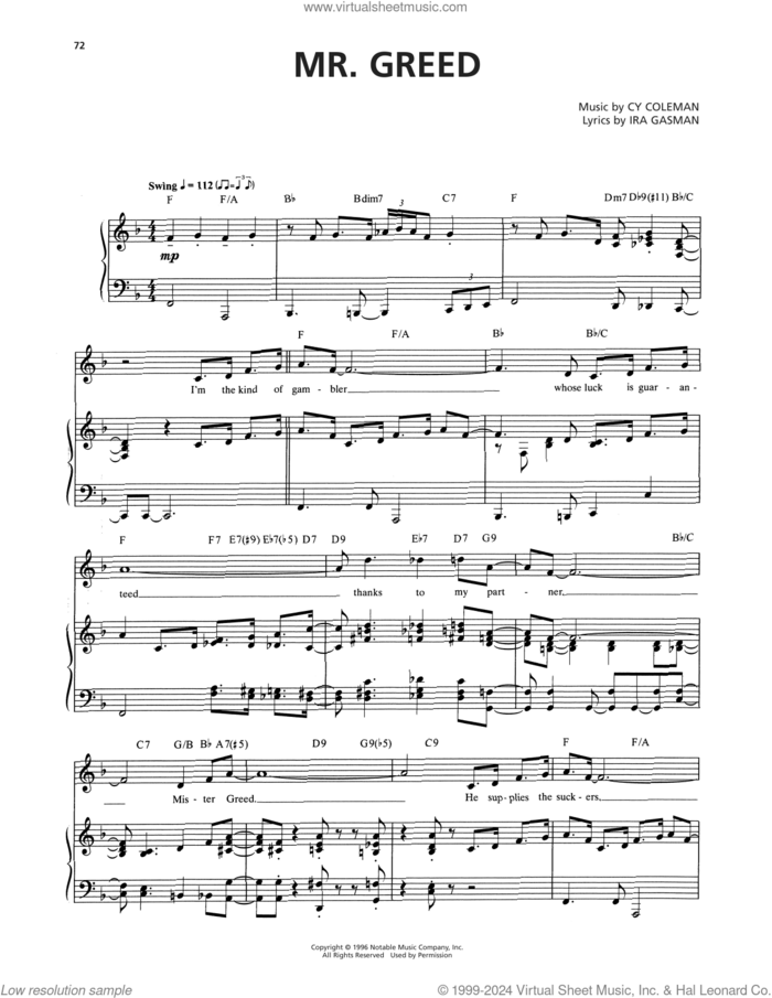 Mr. Greed (from The Life) sheet music for voice and piano by Cy Coleman and Ira Gasman, intermediate skill level