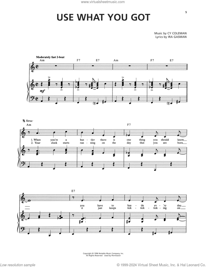 Use What You Got (from The Life) sheet music for voice and piano by Cy Coleman and Ira Gasman, intermediate skill level