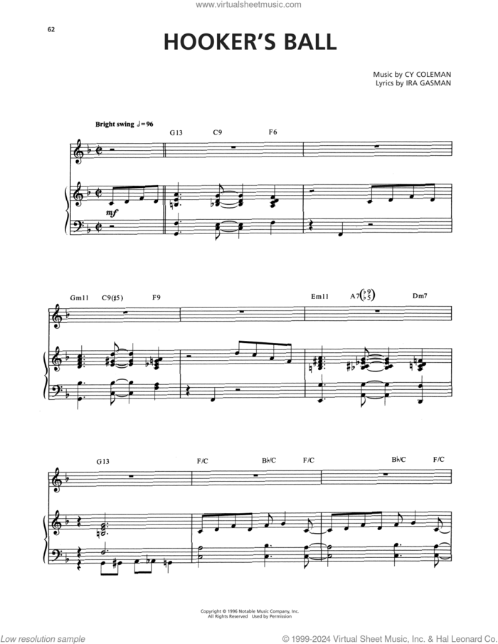 Hooker's Ball (from The Life) sheet music for voice and piano by Cy Coleman and Ira Gasman, intermediate skill level