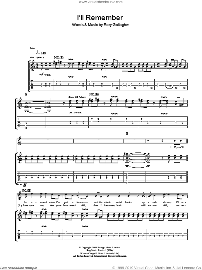 I'll Remember sheet music for guitar (tablature) by Taste and Rory Gallagher, intermediate skill level