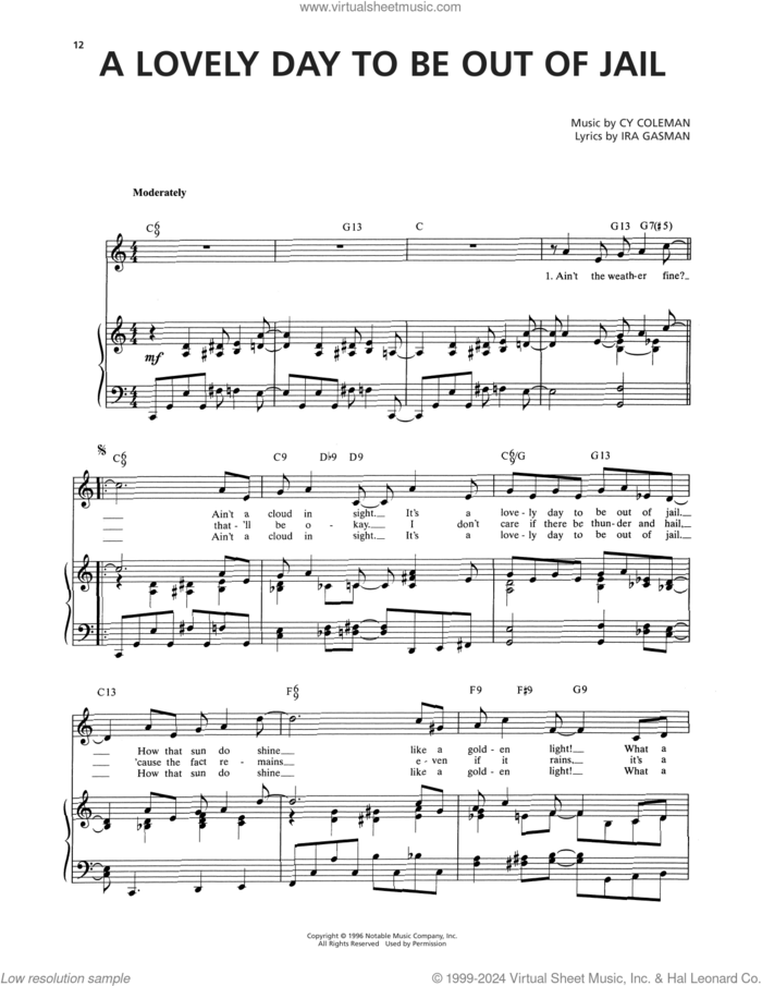 A Lovely Day To Be Out Of Jail (from The Life) sheet music for voice and piano by Cy Coleman and Ira Gasman, intermediate skill level