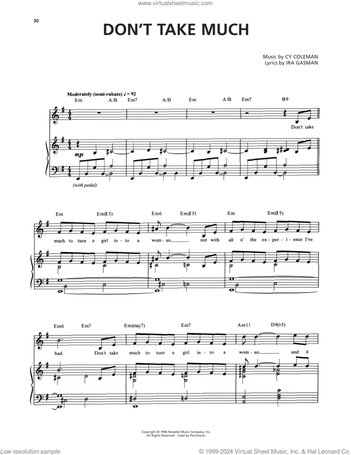 Don't Take Much (from The Life) sheet music for voice and piano by Cy Coleman and Ira Gasman, intermediate skill level