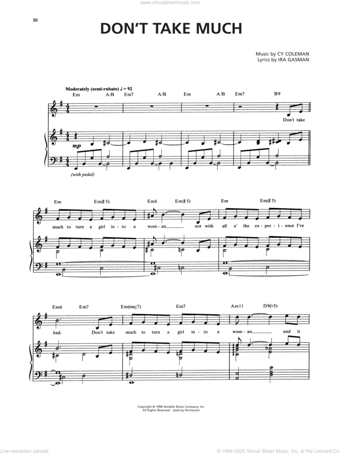 Don't Take Much (from The Life) sheet music for voice and piano by Cy Coleman and Ira Gasman, intermediate skill level