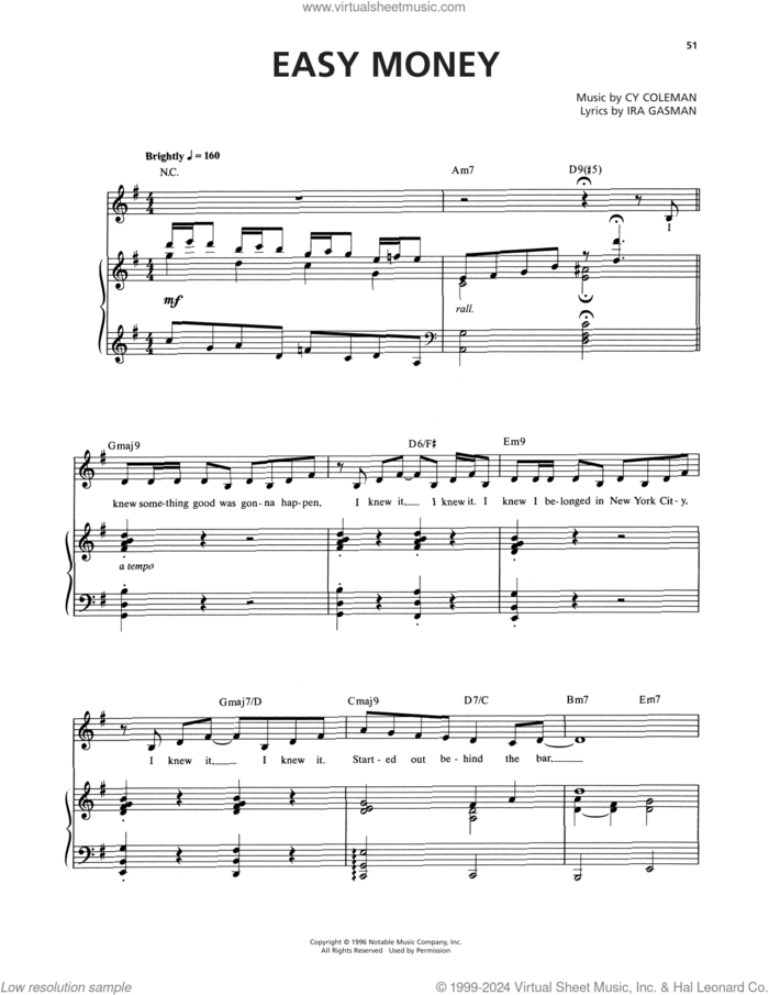 Easy Money (from The Life) sheet music for voice and piano by Cy Coleman and Ira Gasman, intermediate skill level