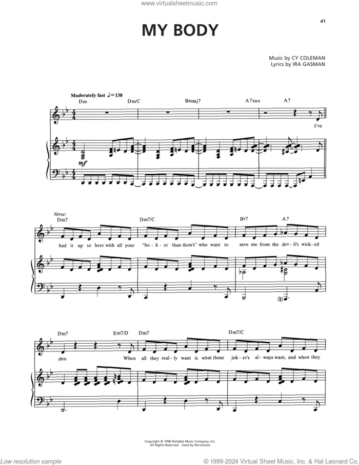 My Body (from The Life) sheet music for voice and piano by Cy Coleman and Ira Gasman, intermediate skill level