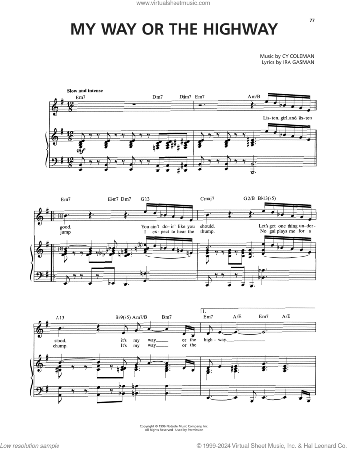 My Way Or The Highway (from The Life) sheet music for voice and piano by Cy Coleman and Ira Gasman, intermediate skill level