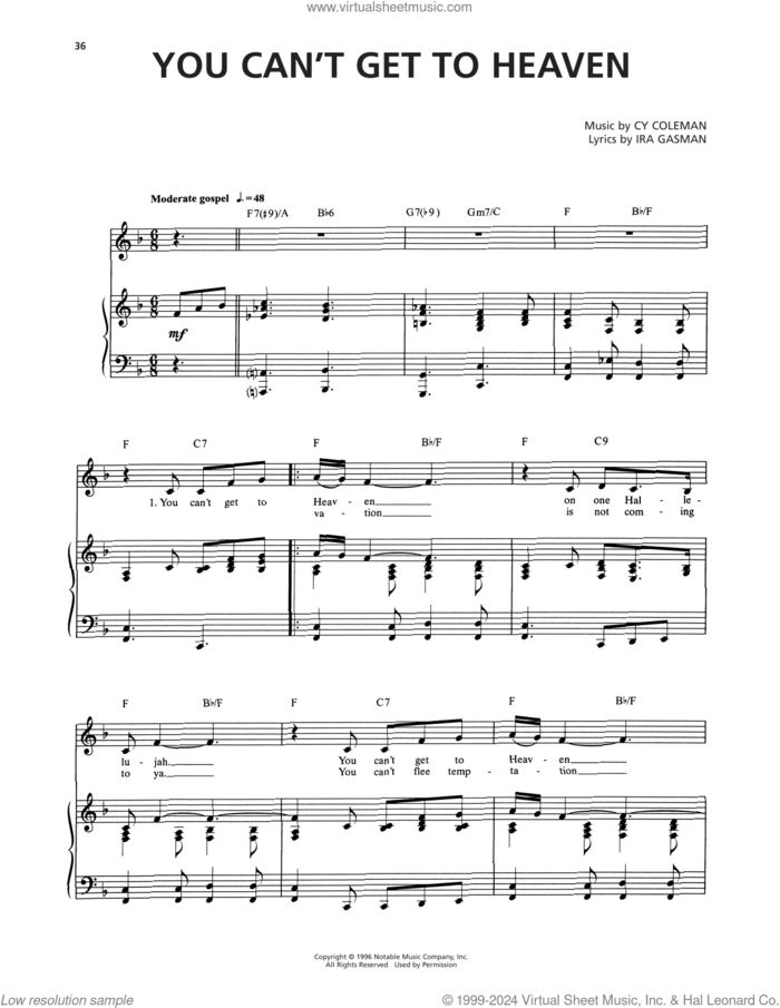 You Can't Get To Heaven (from The Life) sheet music for voice and piano by Cy Coleman and Ira Gasman, intermediate skill level