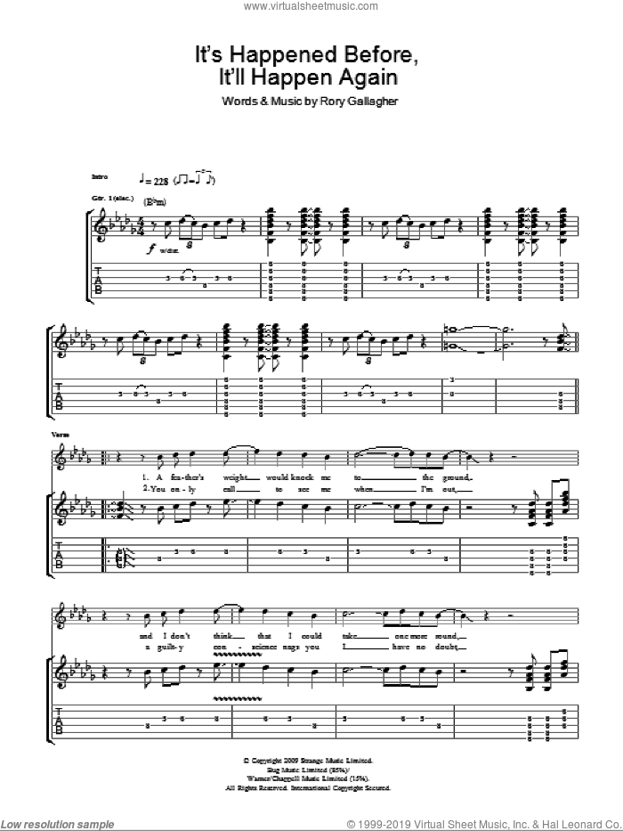 It's Happened Before, It'll Happen Again sheet music for guitar (tablature) by Taste and Rory Gallagher, intermediate skill level