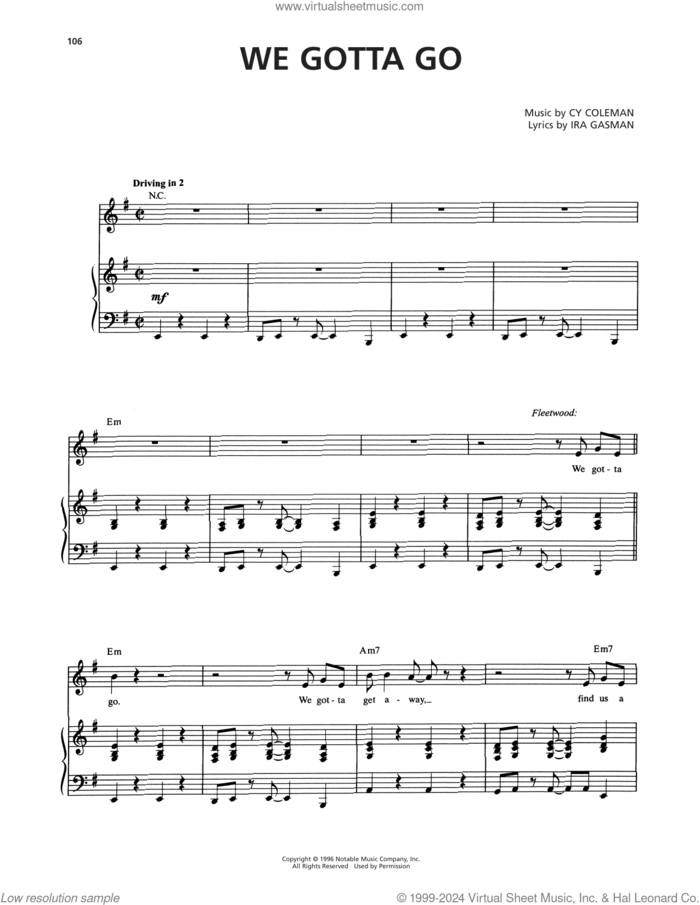 We Gotta Go (from The Life) sheet music for voice and piano by Cy Coleman and Ira Gasman, intermediate skill level