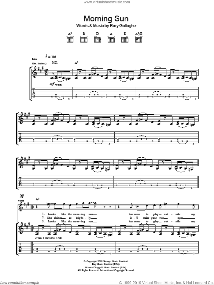 Morning Sun sheet music for guitar (tablature) by Taste and Rory Gallagher, intermediate skill level
