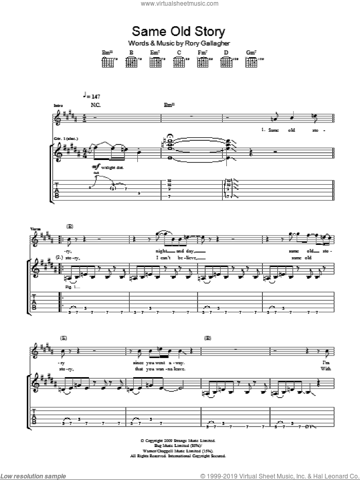 Same Old Story sheet music for guitar (tablature) by Taste and Rory Gallagher, intermediate skill level