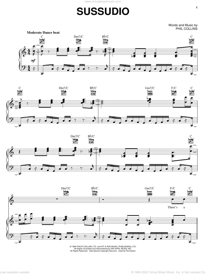 Sussudio sheet music for voice, piano or guitar by Phil Collins and Philip Collins, intermediate skill level