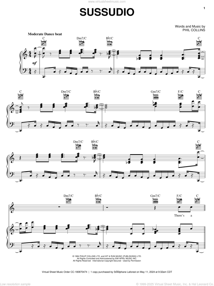 Sussudio sheet music for voice, piano or guitar by Phil Collins and Philip Collins, intermediate skill level