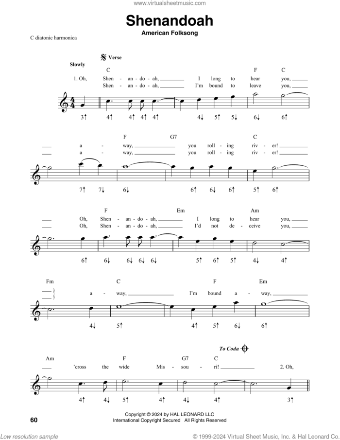 Shenandoah sheet music for harmonica solo by American Folksong, intermediate skill level