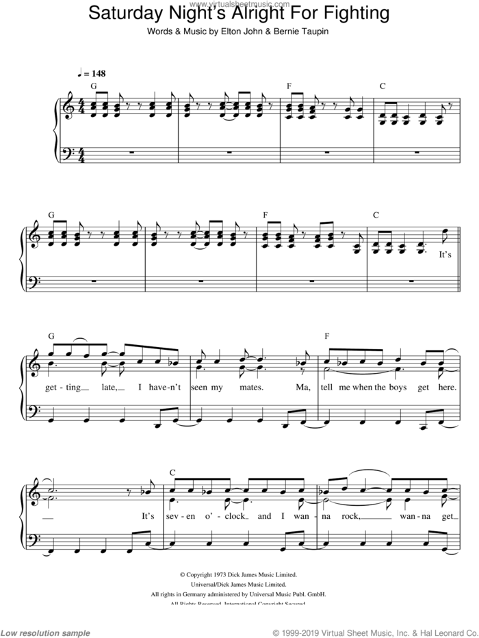 Saturday Night's Alright For Fighting sheet music for piano solo by Elton John and Bernie Taupin, easy skill level