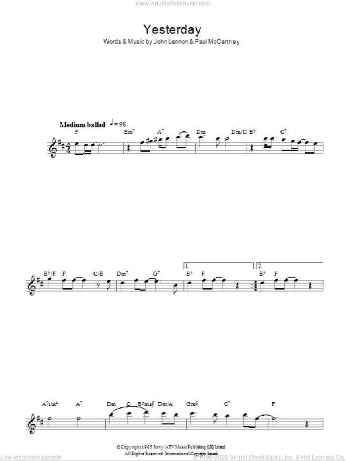 Yesterday sheet music for voice and other instruments (fake book) by The Beatles, John Lennon and Paul McCartney, intermediate skill level