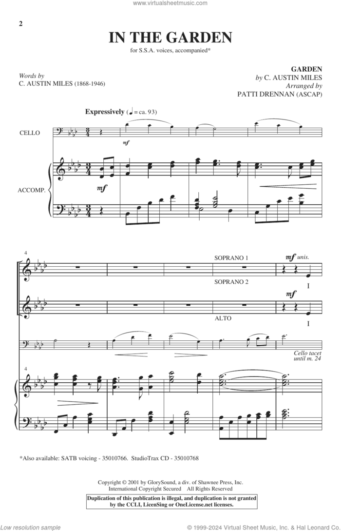 In The Garden (arr. Patti Drennan) sheet music for choir (SSA: soprano, alto) by C. Austin Miles and Patti Drennan, intermediate skill level