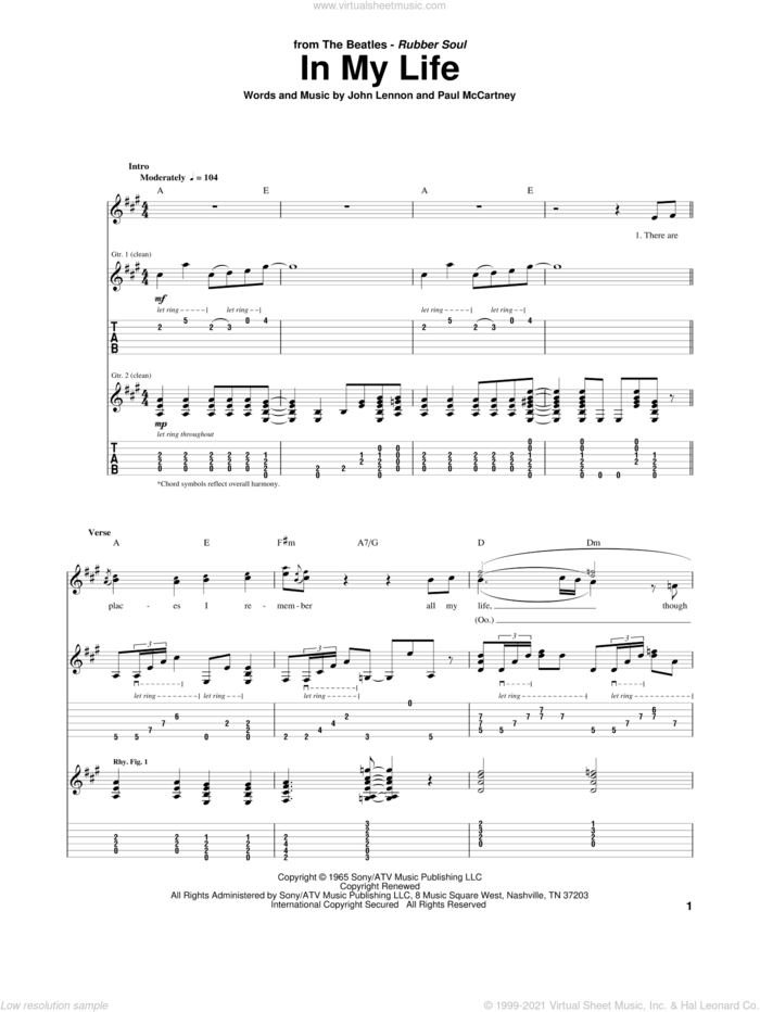 In My Life sheet music for guitar (tablature) by The Beatles, John Lennon and Paul McCartney, wedding score, intermediate skill level