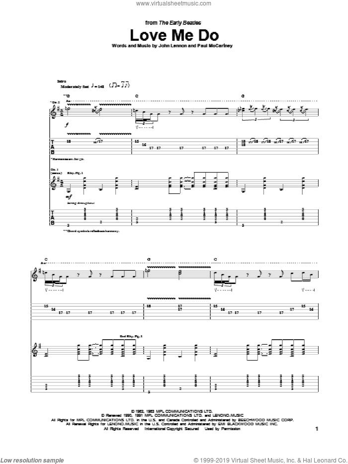 Love Me Do sheet music for guitar (tablature) by The Beatles, John Lennon and Paul McCartney, intermediate skill level