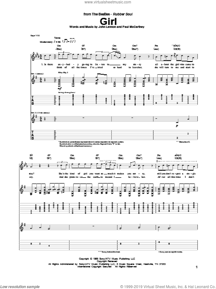 Girl sheet music for guitar (tablature) by The Beatles, John Lennon and Paul McCartney, intermediate skill level