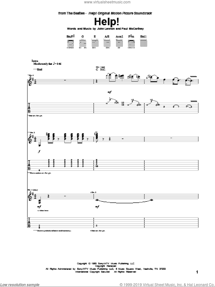 Help! sheet music for guitar (tablature) by The Beatles, John Lennon and Paul McCartney, intermediate skill level