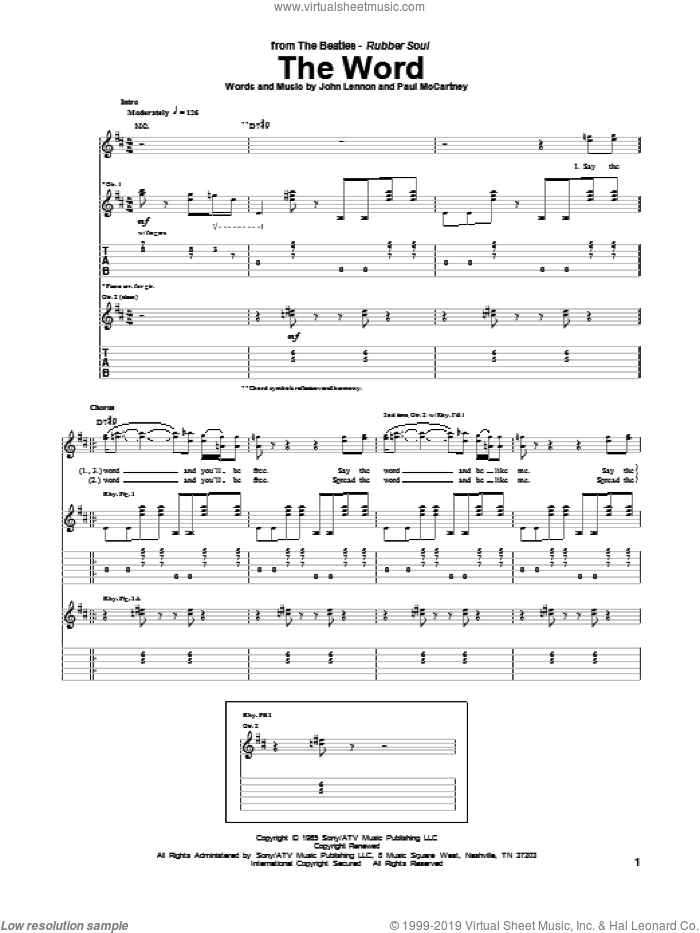 The Word sheet music for guitar (tablature) by The Beatles, John Lennon and Paul McCartney, intermediate skill level