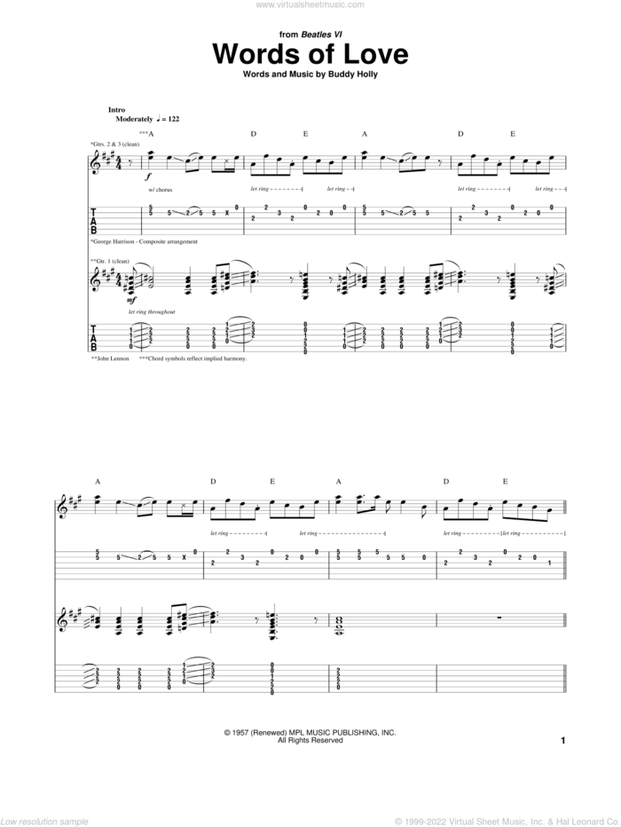 Words Of Love sheet music for guitar (tablature) by The Beatles and Buddy Holly, intermediate skill level