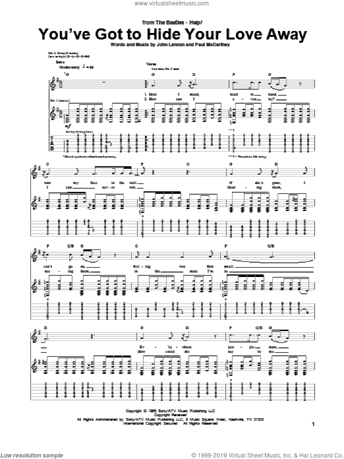You've Got To Hide Your Love Away sheet music for guitar (tablature) by The Beatles, John Lennon and Paul McCartney, intermediate skill level