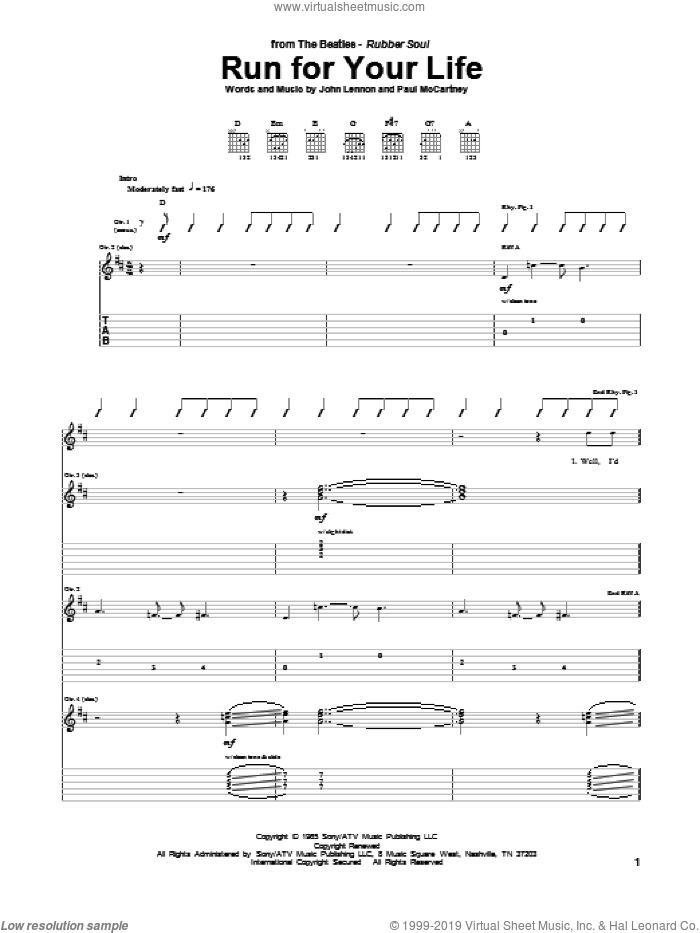 Run For Your Life sheet music for guitar (tablature) by The Beatles, John Lennon and Paul McCartney, intermediate skill level
