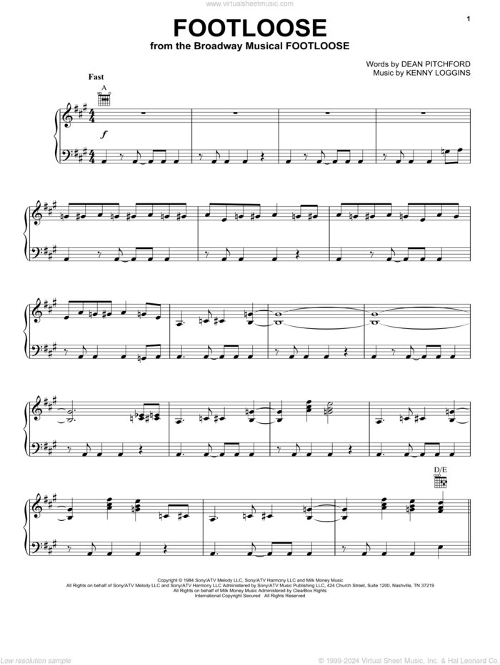 Footloose sheet music for voice, piano or guitar by Kenny Loggins, Footloose (Movie) and Dean Pitchford, intermediate skill level