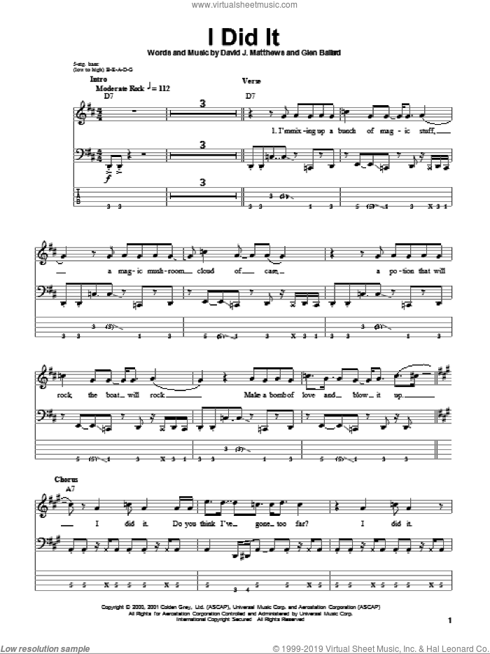 I Did It sheet music for bass (tablature) (bass guitar) by Dave Matthews Band and Glen Ballard, intermediate skill level