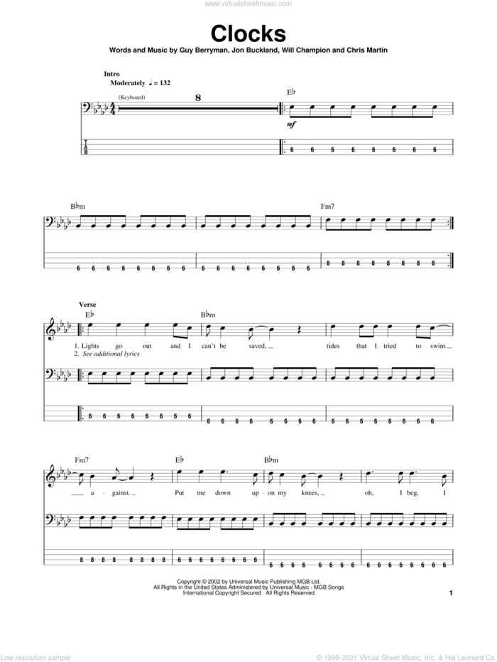 Clocks sheet music for bass (tablature) (bass guitar) by Coldplay, Chris Martin, Guy Berryman, Jon Buckland and Will Champion, intermediate skill level